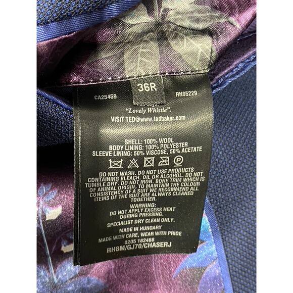 TED BAKER LONDON Men's Navy Regular-Fit Two-Button Wool Suit Jacket SZ 36R - Picture 10 of 11